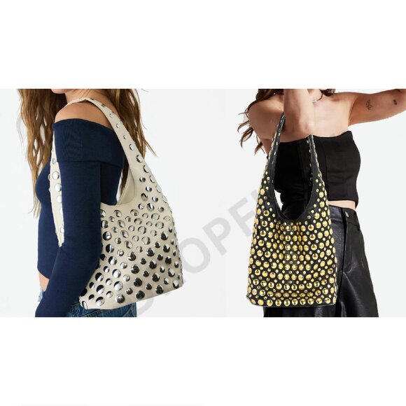 Studded Hobo Bag Y2K Punk Shoulder Purse Soft Leather Bucket Tote - Picture 8 of 8